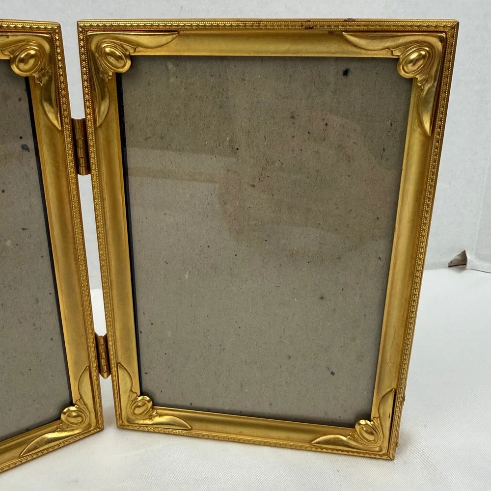 Vintage Gold Tone Metal Double Folding Picture Frame Ornate Bifold 5x7 Portrait